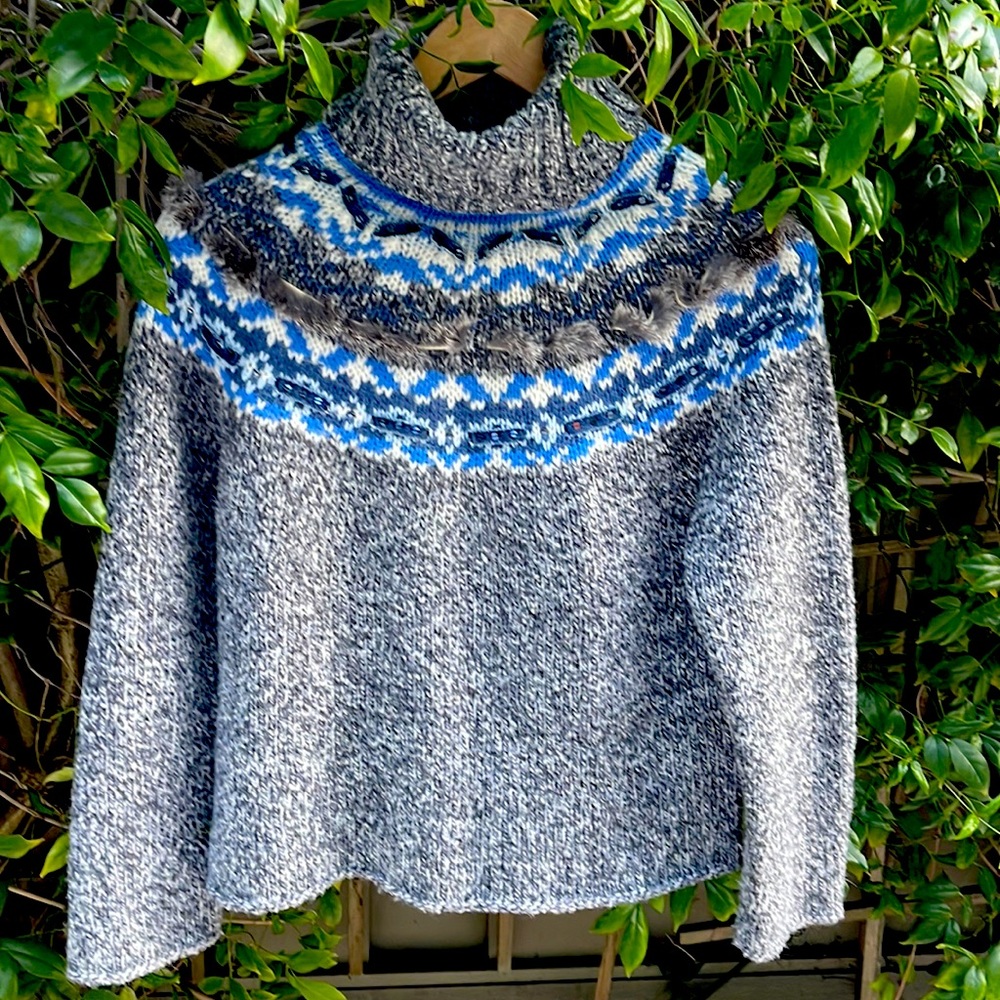 Wool, mohair sweater , European brand OUI, with elements  of real fur.